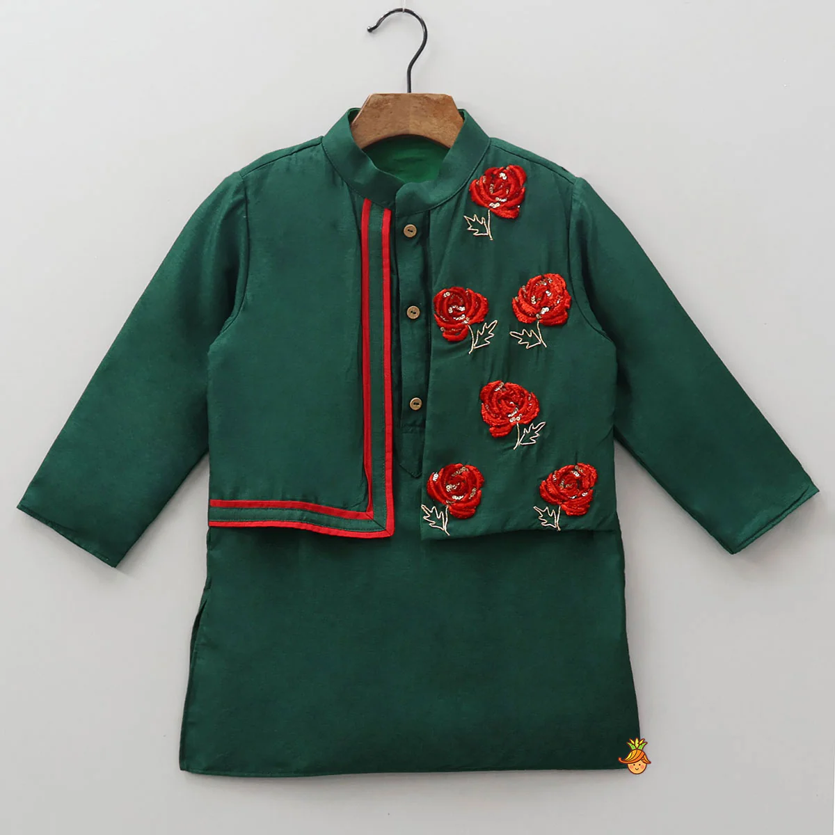 3D Flower Embroidered Jacket-Style Kurta And Pyjama - Image 3