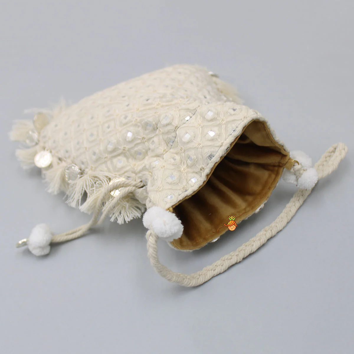 Adorable Faux Mirror Embroidered Off White Potli Bag - Image 3