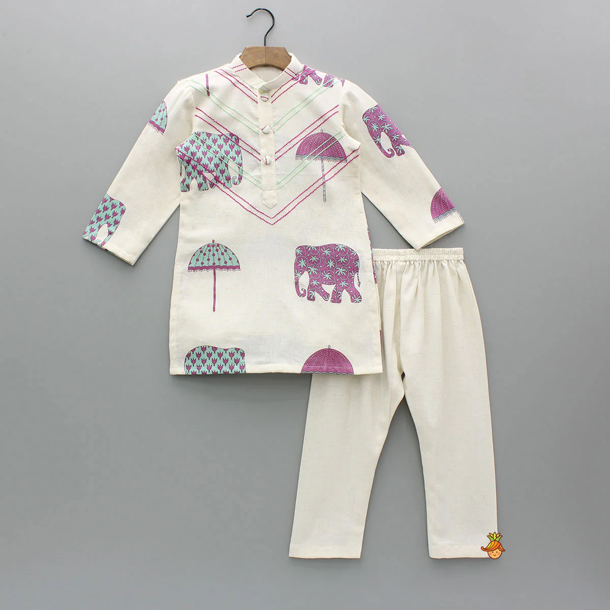 Animal Printed Off White Khadi Cotton Kurta With Pyjama