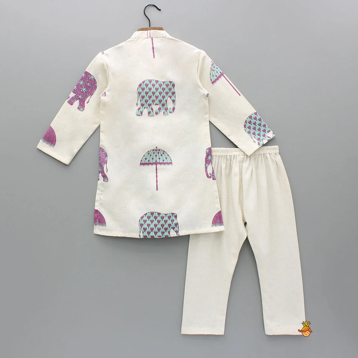 Animal Printed Off White Khadi Cotton Kurta With Pyjama - Image 2