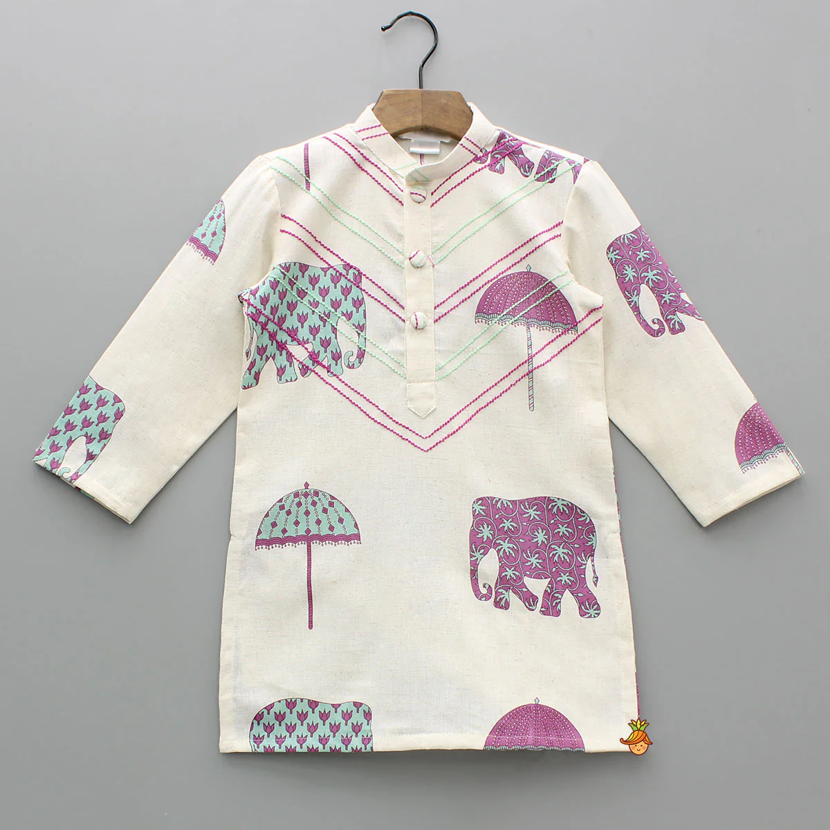 Animal Printed Off White Khadi Cotton Kurta With Pyjama - Image 3