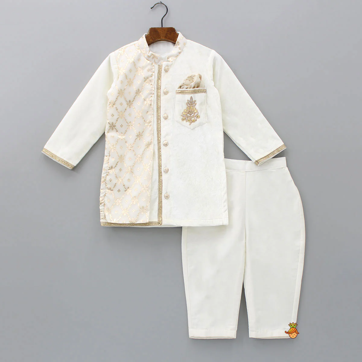 Attached Flap Off White Velvet Kurta And Pyjama