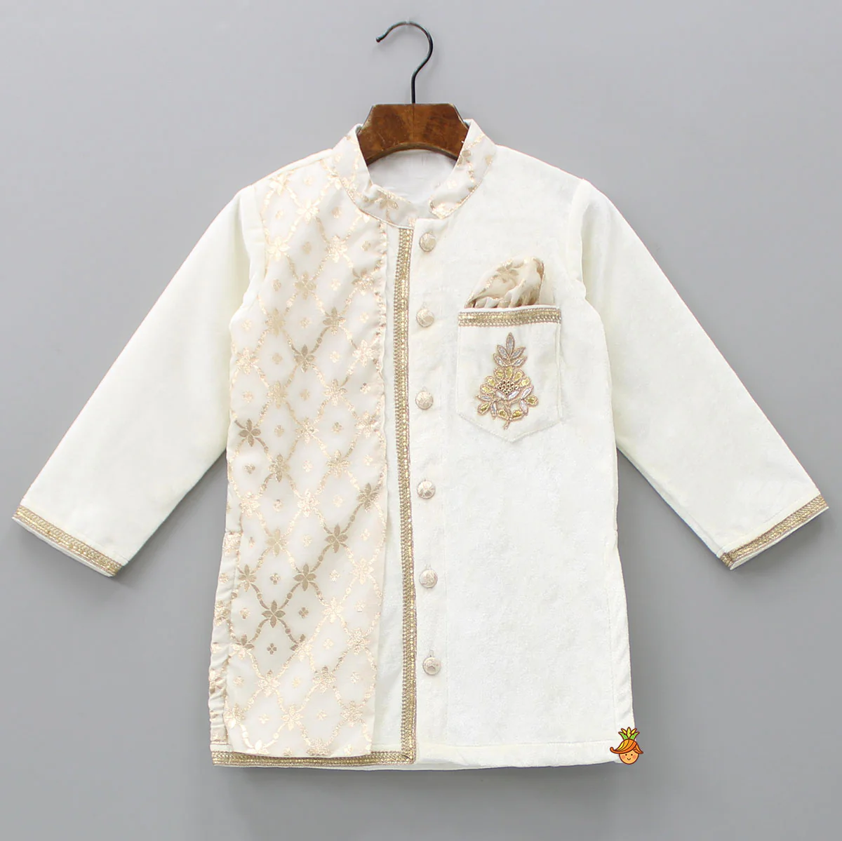 Attached Flap Off White Velvet Kurta And Pyjama - Image 3