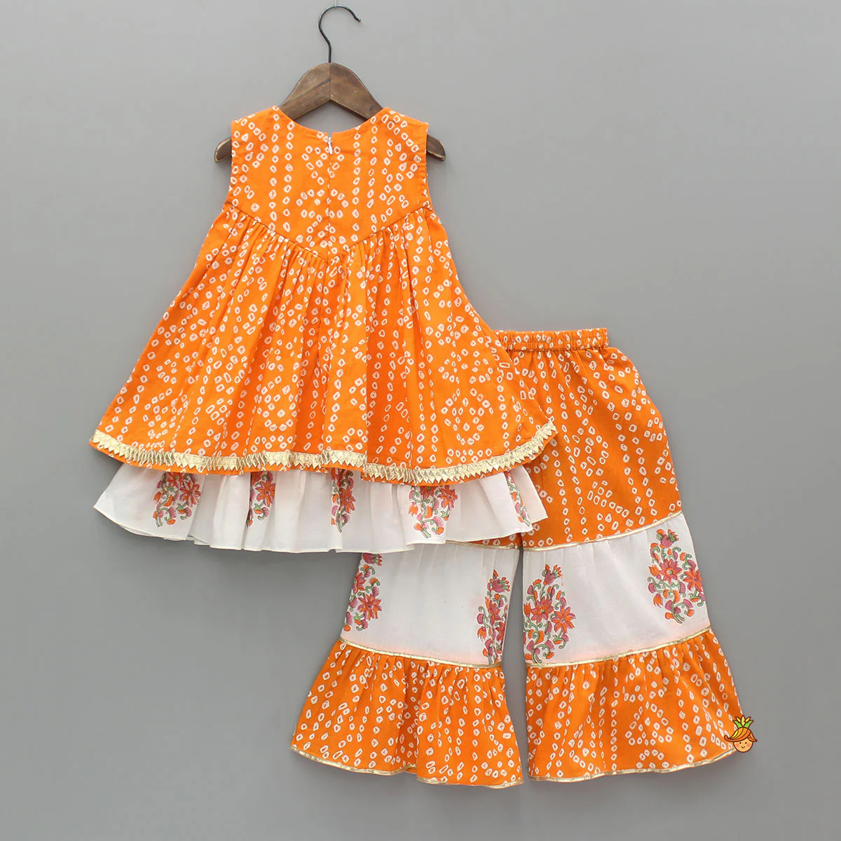 Bandhani Floral Printed Layered Kurti With Tiered Style Sharara And Dupatta - Image 2