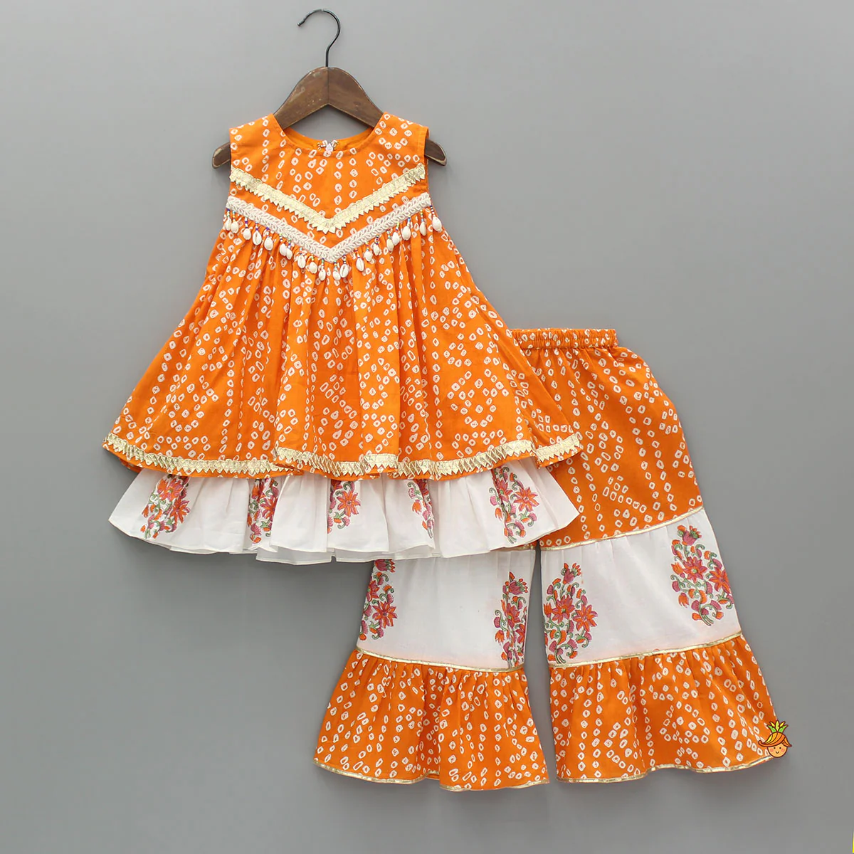 Bandhani Floral Printed Layered Kurti With Tiered Style Sharara And Dupatta - Image 3