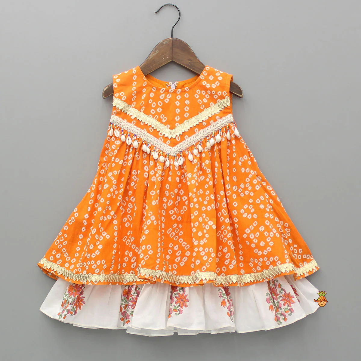 Bandhani Floral Printed Layered Kurti With Tiered Style Sharara And Dupatta - Image 4
