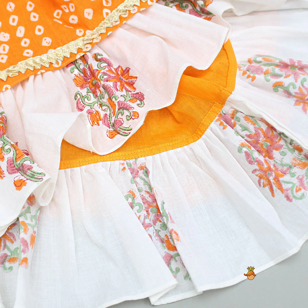 Bandhani Floral Printed Layered Kurti With Tiered Style Sharara And Dupatta - Image 6