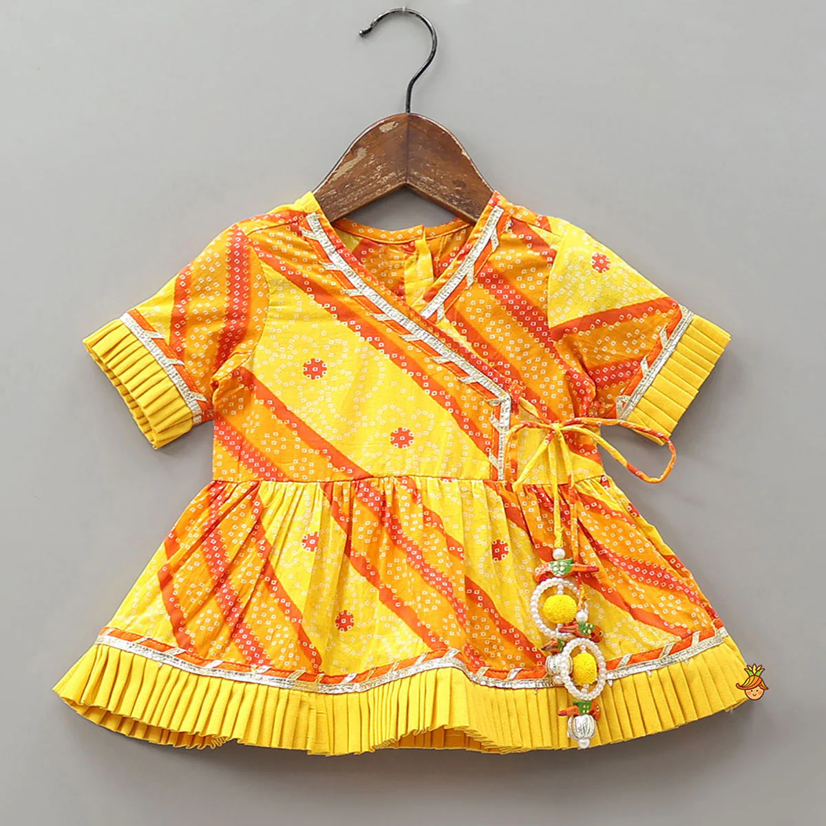 Bandhani Printed Angarkha-Style Kurti With Headband And Booties - Image 3