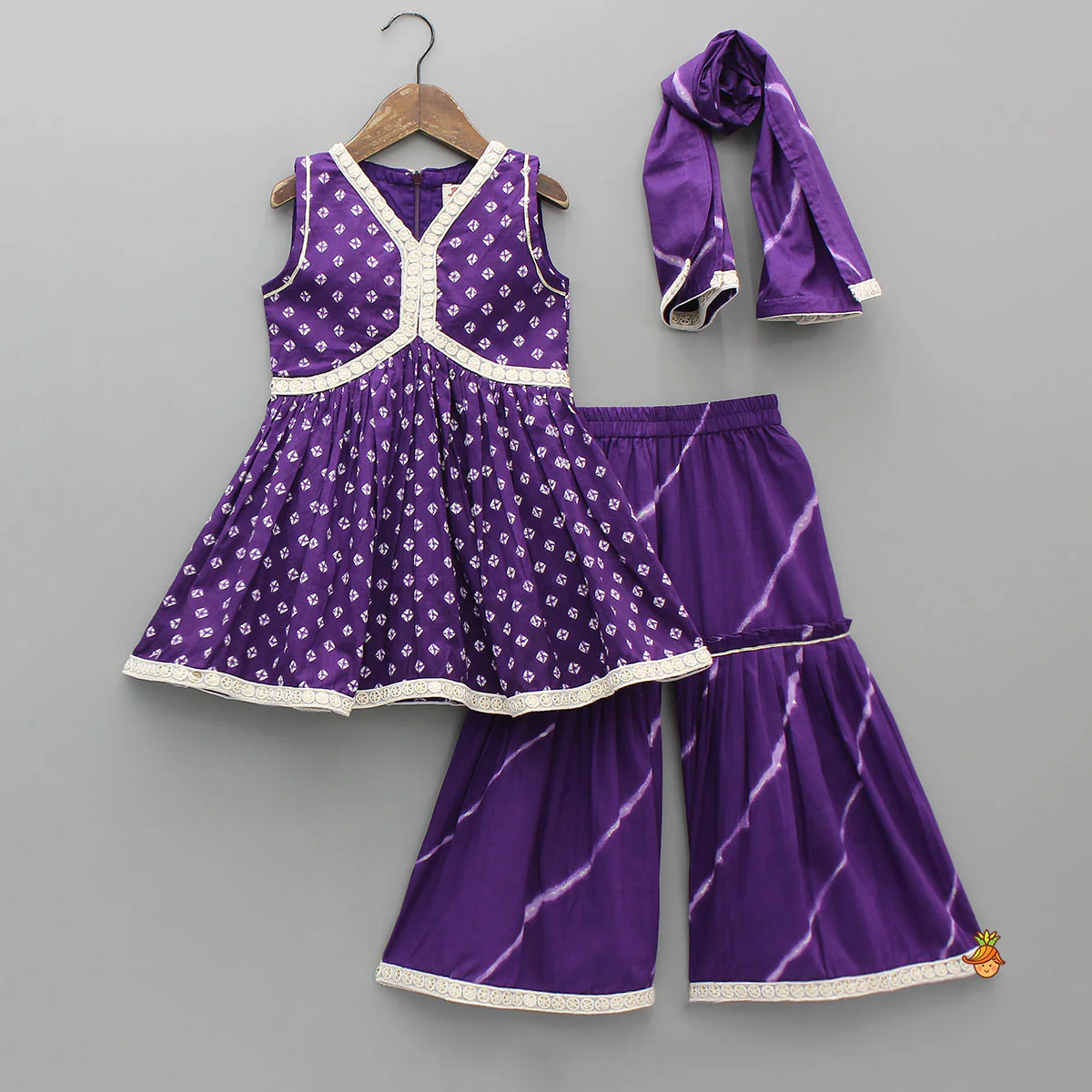 Bandhani Printed Ethnic Kurti With Leheriya Sharara And Matching Dupatta