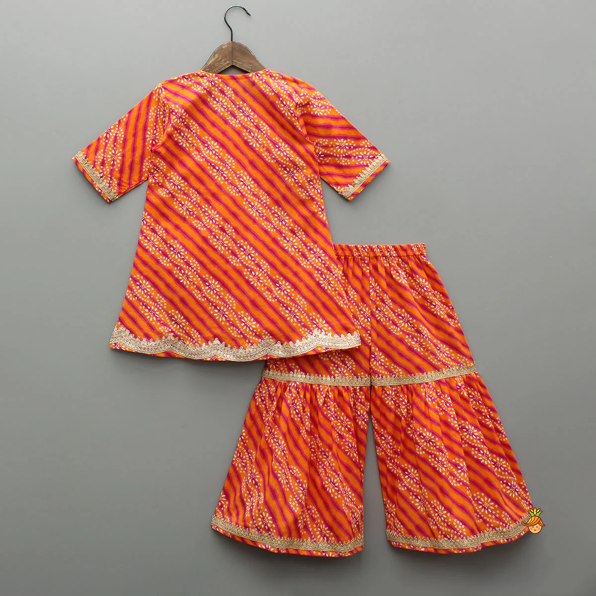 Bandhani Printed Faux Angarkha Style Leheriya Kurti With Sharara And Dupatta - Image 2