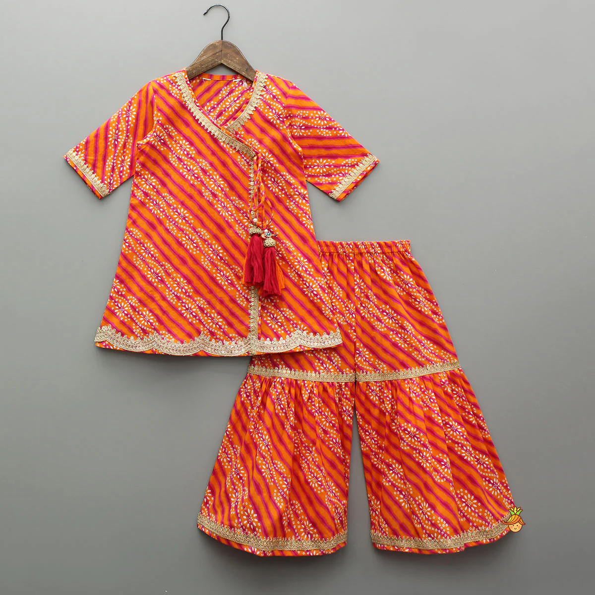 Bandhani Printed Faux Angarkha Style Leheriya Kurti With Sharara And Dupatta - Image 3