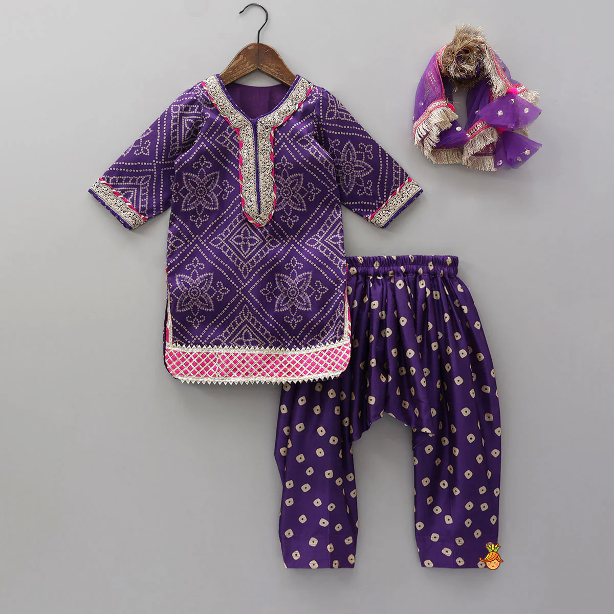Bandhani Printed Kurti And Pleated Salwar With Matching Fringed Dupatta