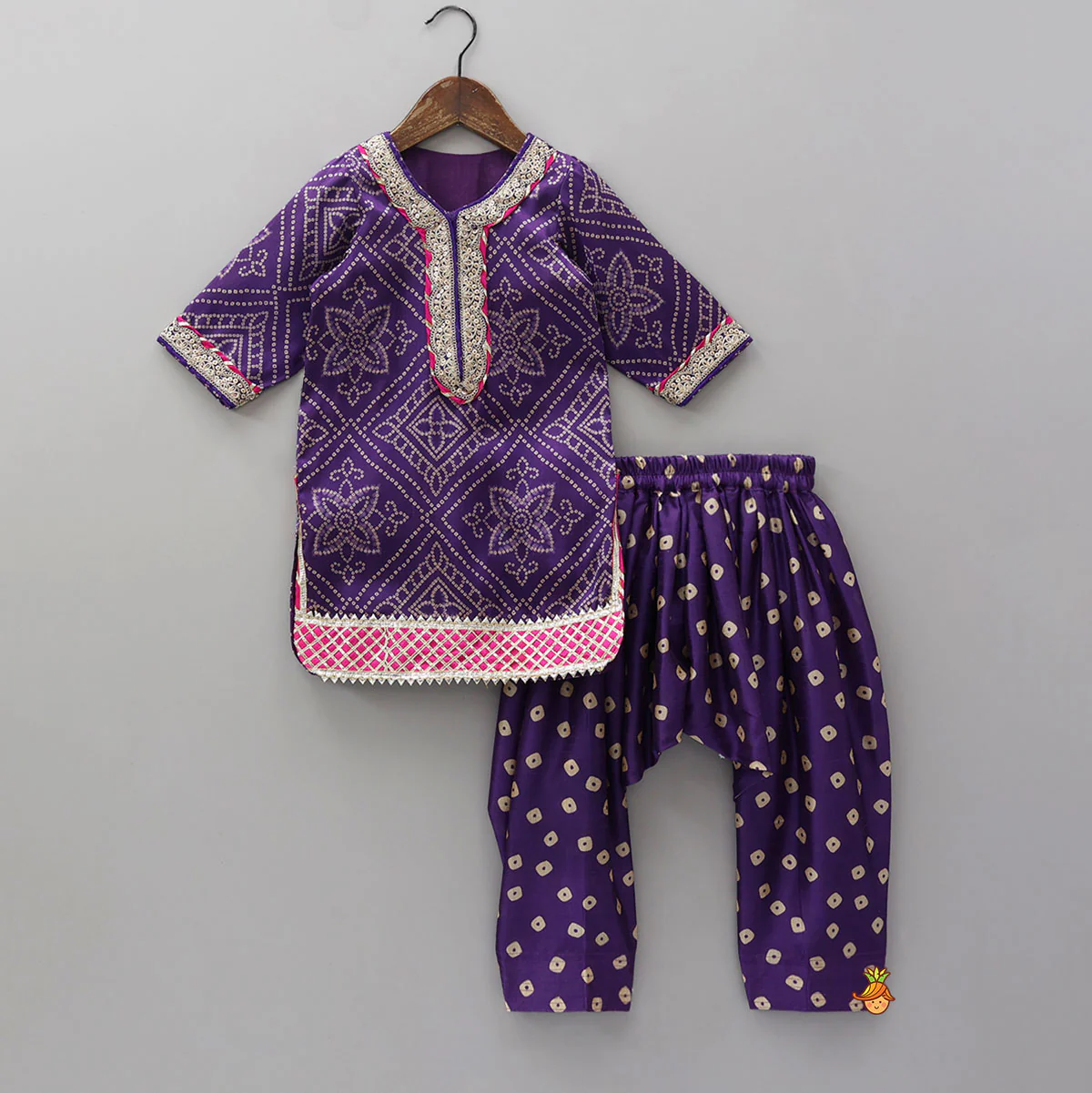 Bandhani Printed Kurti And Pleated Salwar With Matching Fringed Dupatta - Image 3