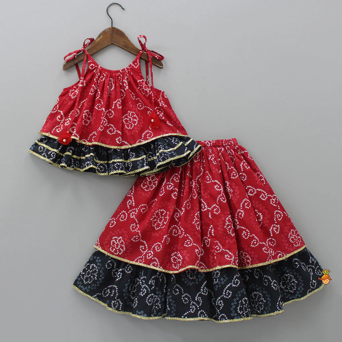 Bandhani Printed Red And Black Layered Top With Lehenga - Image 2