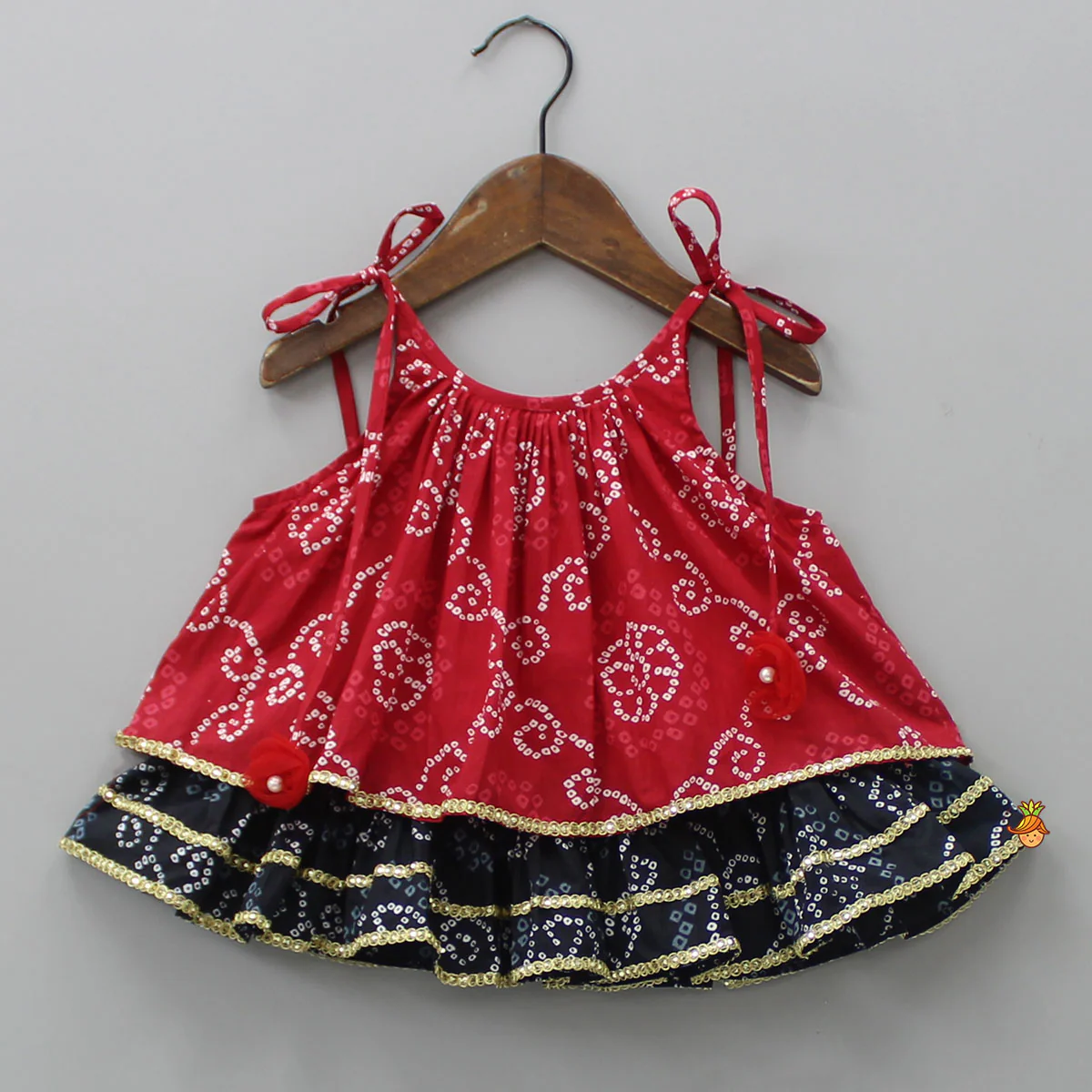 Bandhani Printed Red And Black Layered Top With Lehenga - Image 3