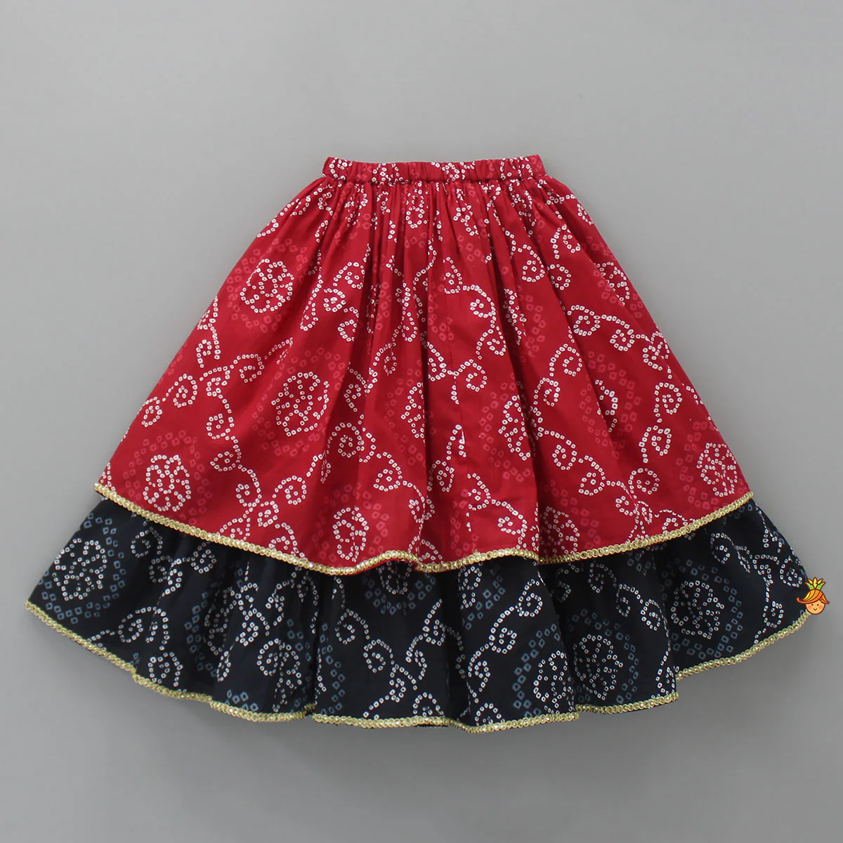 Bandhani Printed Red And Black Layered Top With Lehenga - Image 4