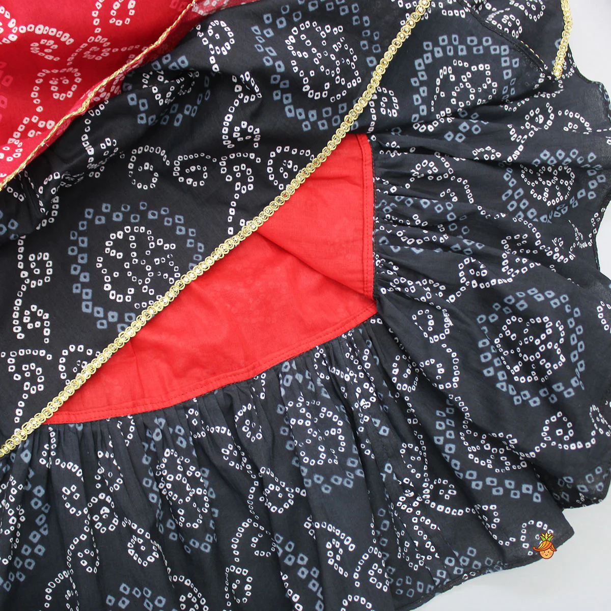 Bandhani Printed Red And Black Layered Top With Lehenga - Image 5