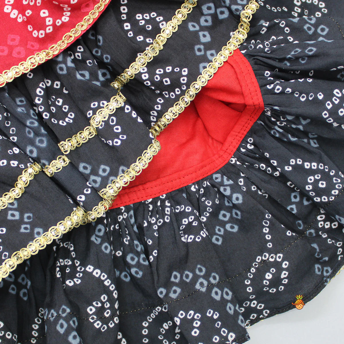 Bandhani Printed Red And Black Layered Top With Lehenga - Image 6