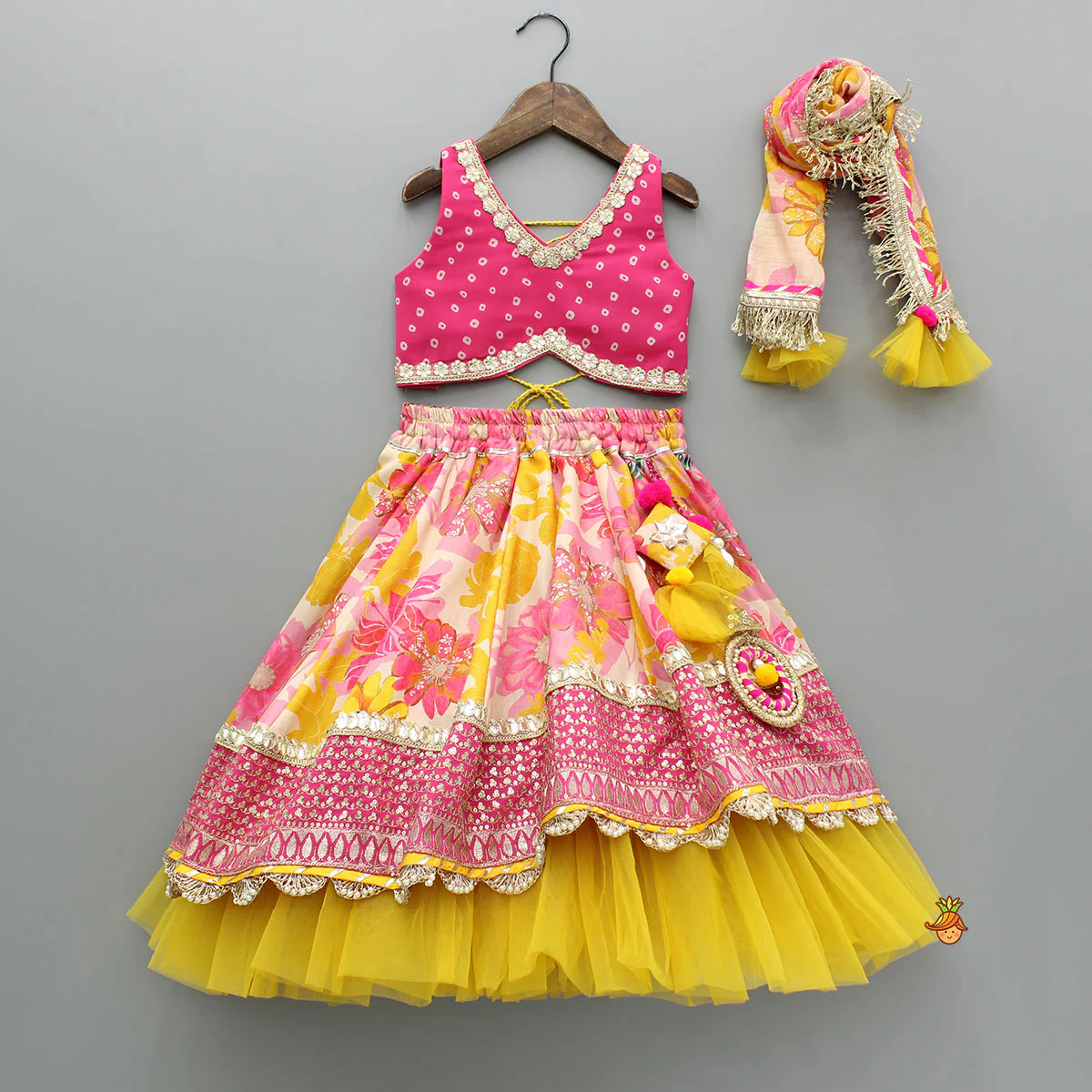 Bandhani Printed Top And Floral Printed Layered Lehenga With Matching Dupatta