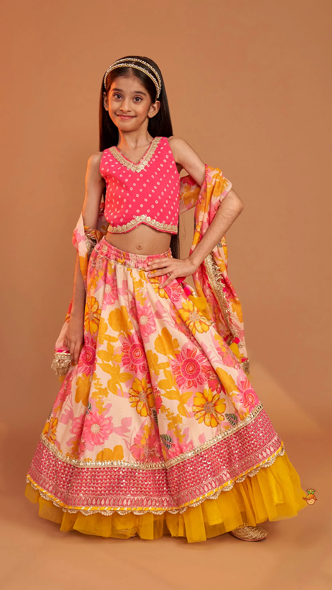 Bandhani Printed Top And Floral Printed Layered Lehenga With Matching Dupatta - Image 2
