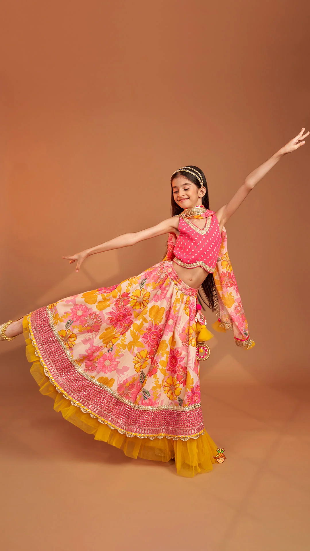 Bandhani Printed Top And Floral Printed Layered Lehenga With Matching Dupatta - Image 3