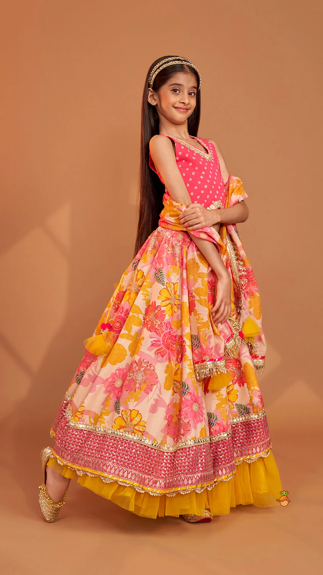 Bandhani Printed Top And Floral Printed Layered Lehenga With Matching Dupatta - Image 4