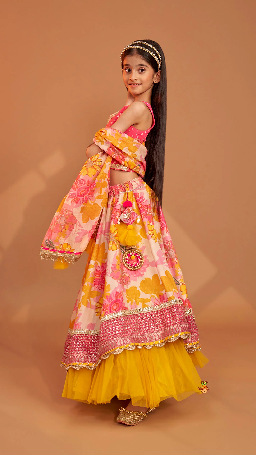 Bandhani Printed Top And Floral Printed Layered Lehenga With Matching Dupatta - Image 5