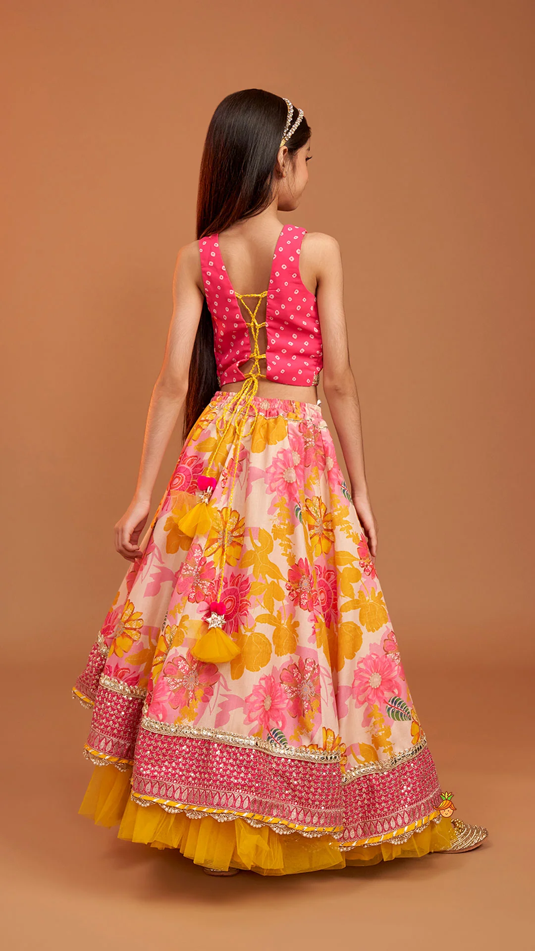 Bandhani Printed Top And Floral Printed Layered Lehenga With Matching Dupatta - Image 8