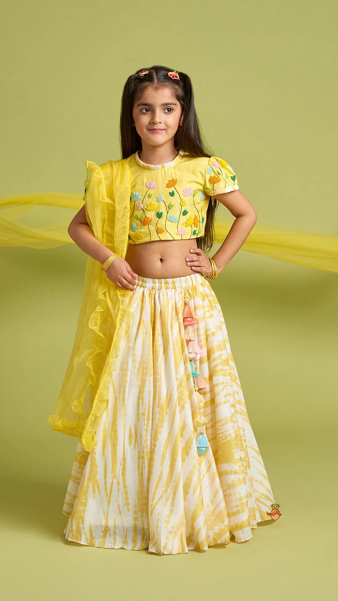 Beaded Yellow Top And Shibori Printed Lehenga With Ruffle Dupatta - Image 2