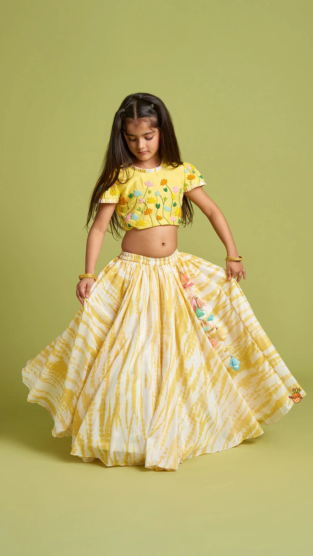 Beaded Yellow Top And Shibori Printed Lehenga With Ruffle Dupatta - Image 3