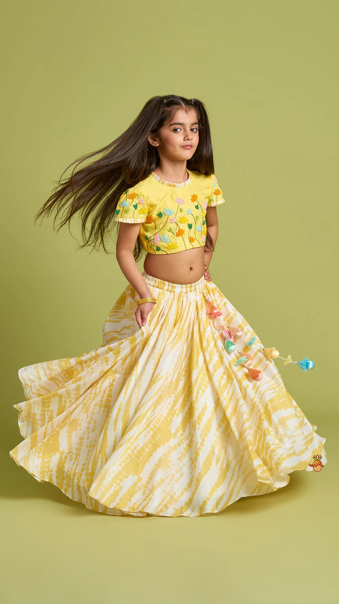 Beaded Yellow Top And Shibori Printed Lehenga With Ruffle Dupatta - Image 4