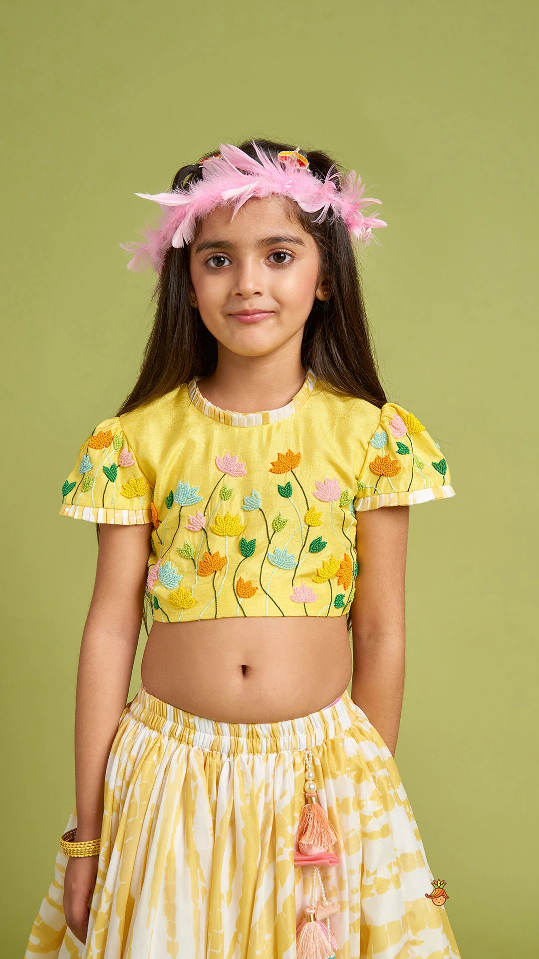 Beaded Yellow Top And Shibori Printed Lehenga With Ruffle Dupatta - Image 5