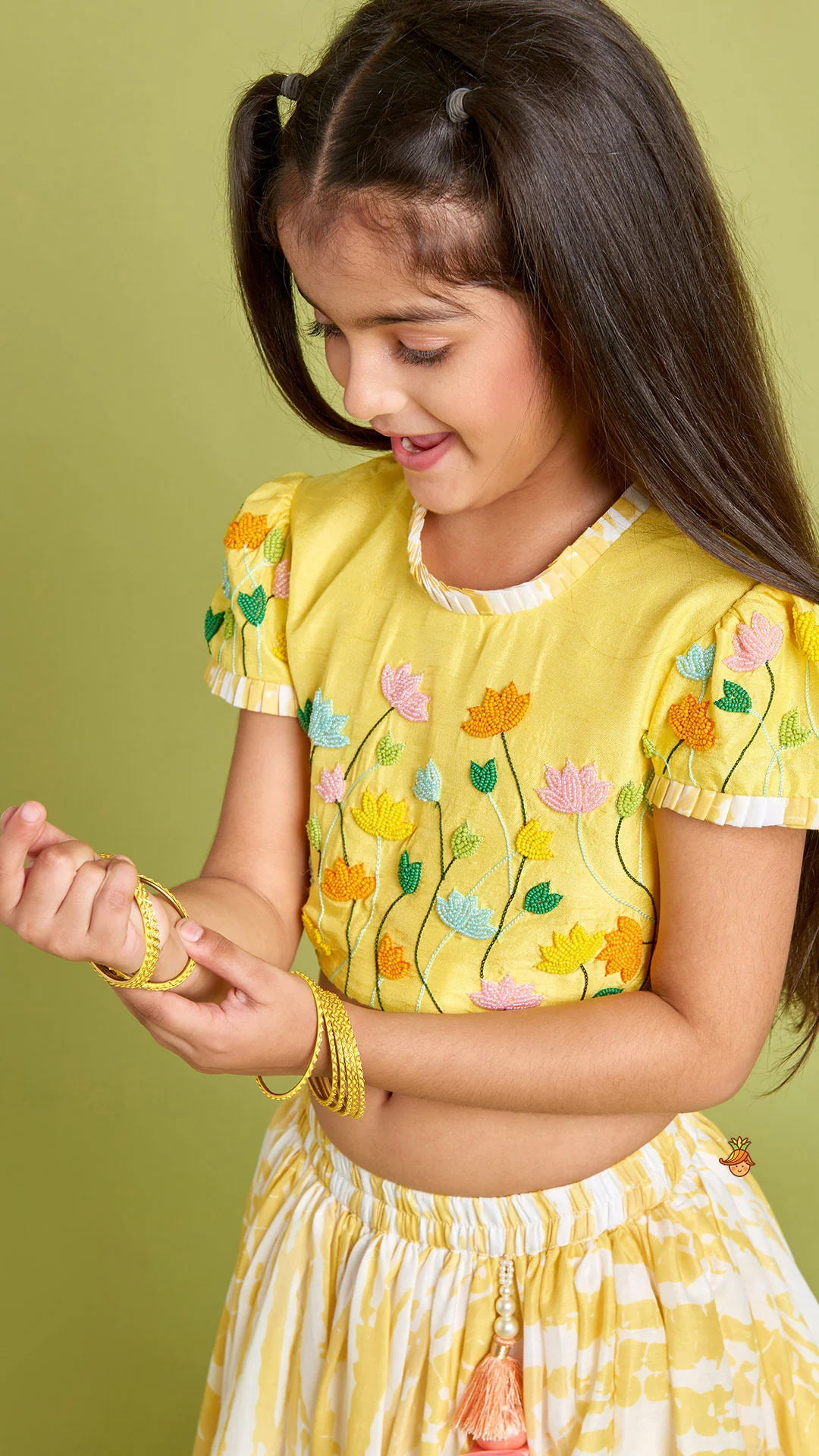 Beaded Yellow Top And Shibori Printed Lehenga With Ruffle Dupatta - Image 6