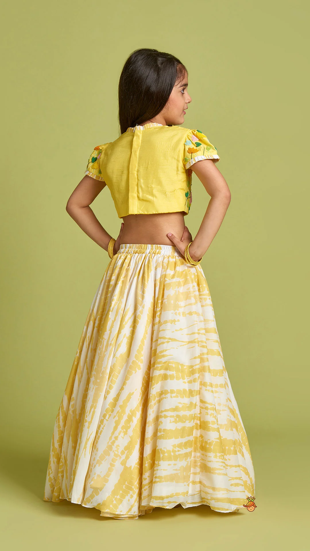 Beaded Yellow Top And Shibori Printed Lehenga With Ruffle Dupatta - Image 7