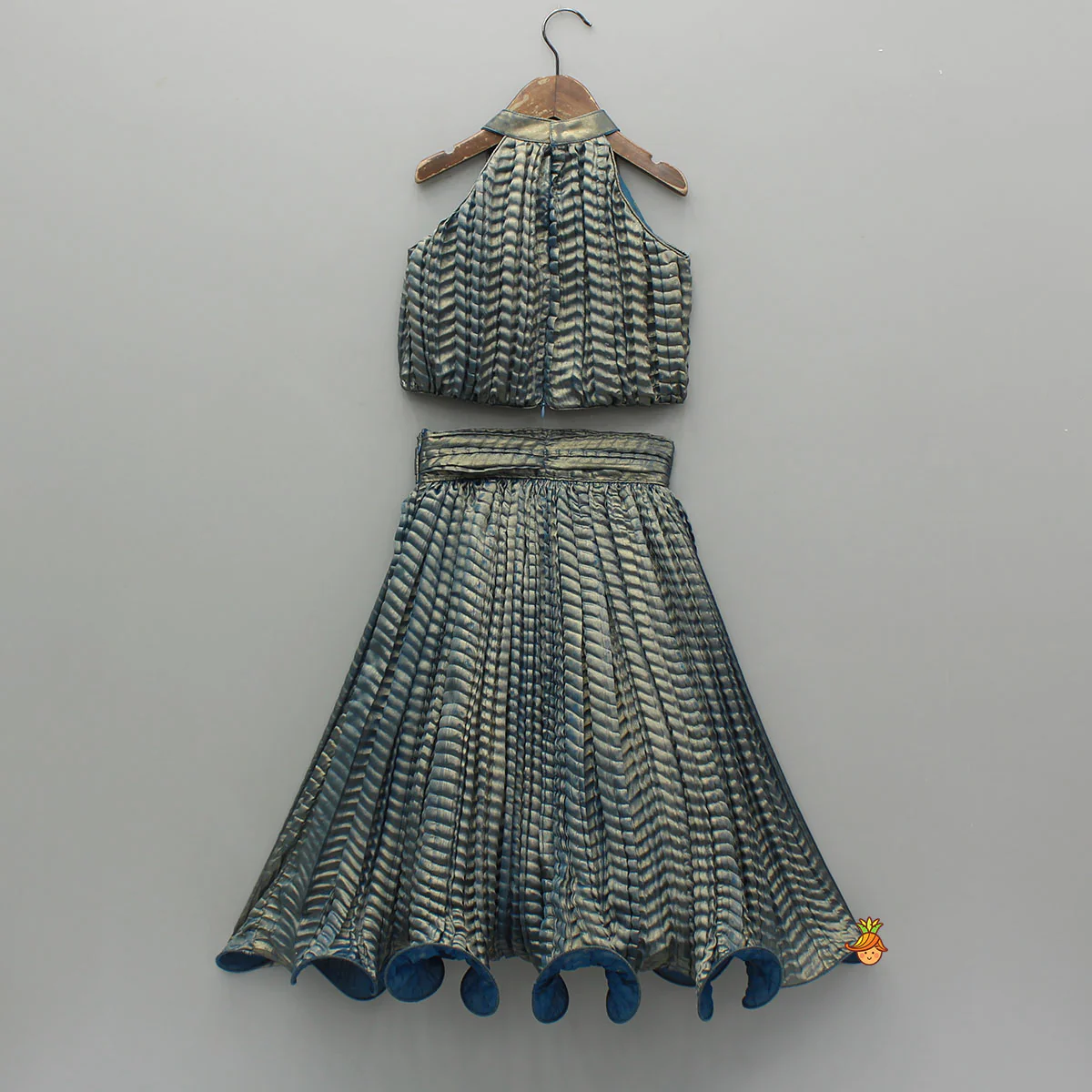 Beautiful Blue Shimmery Halter Neck Top With Lehenga - Image 2