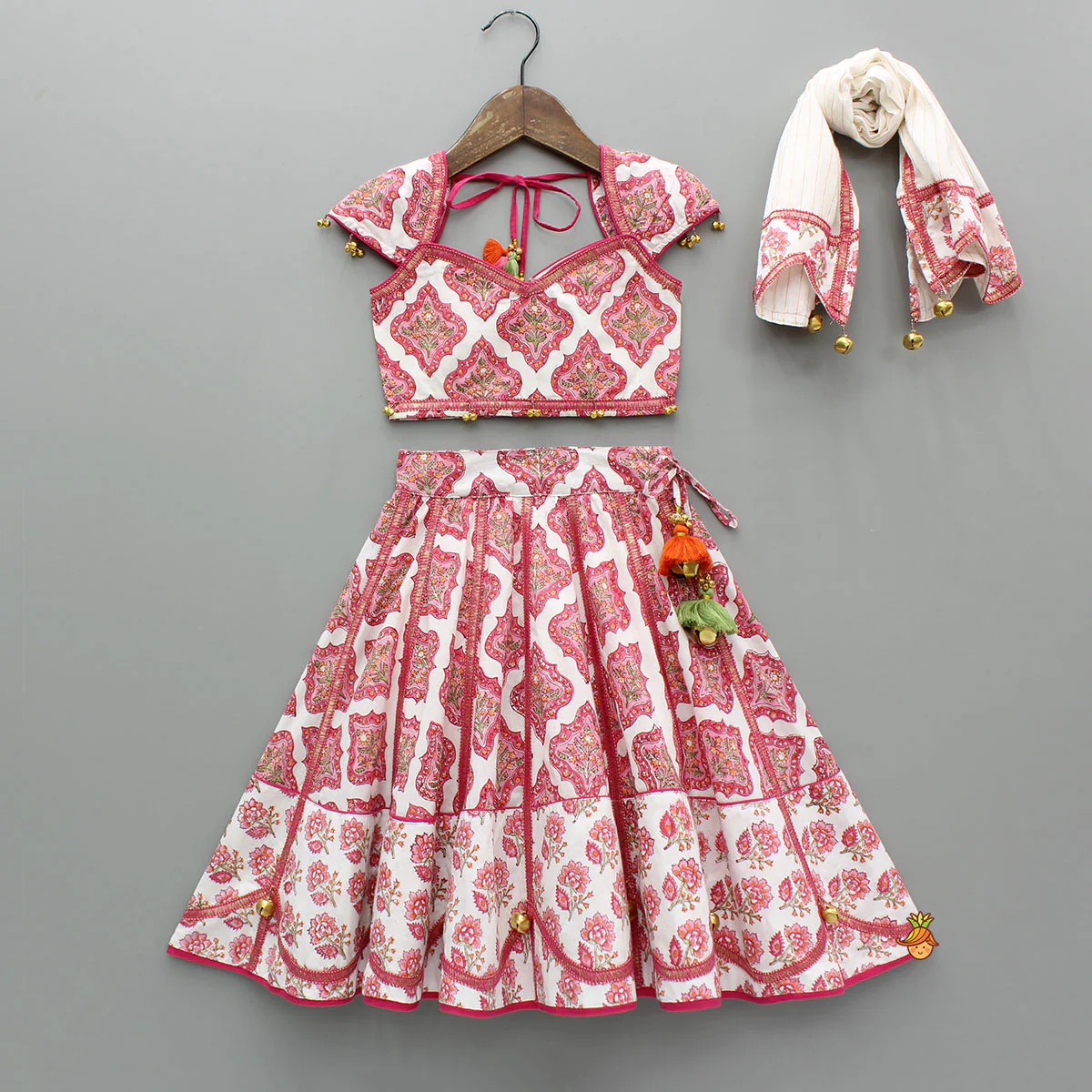 Beautiful Cotton Printed Sweetheart Neck Top With Printed Lehenga And Dupatta
