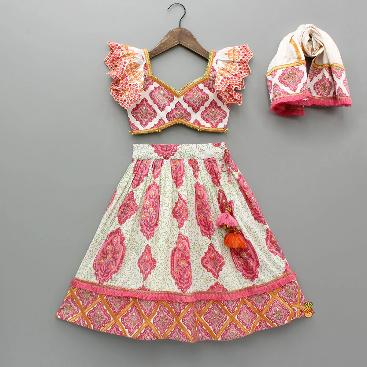 Beautiful Cotton Printed Top With Printed Lehenga And Dupatta
