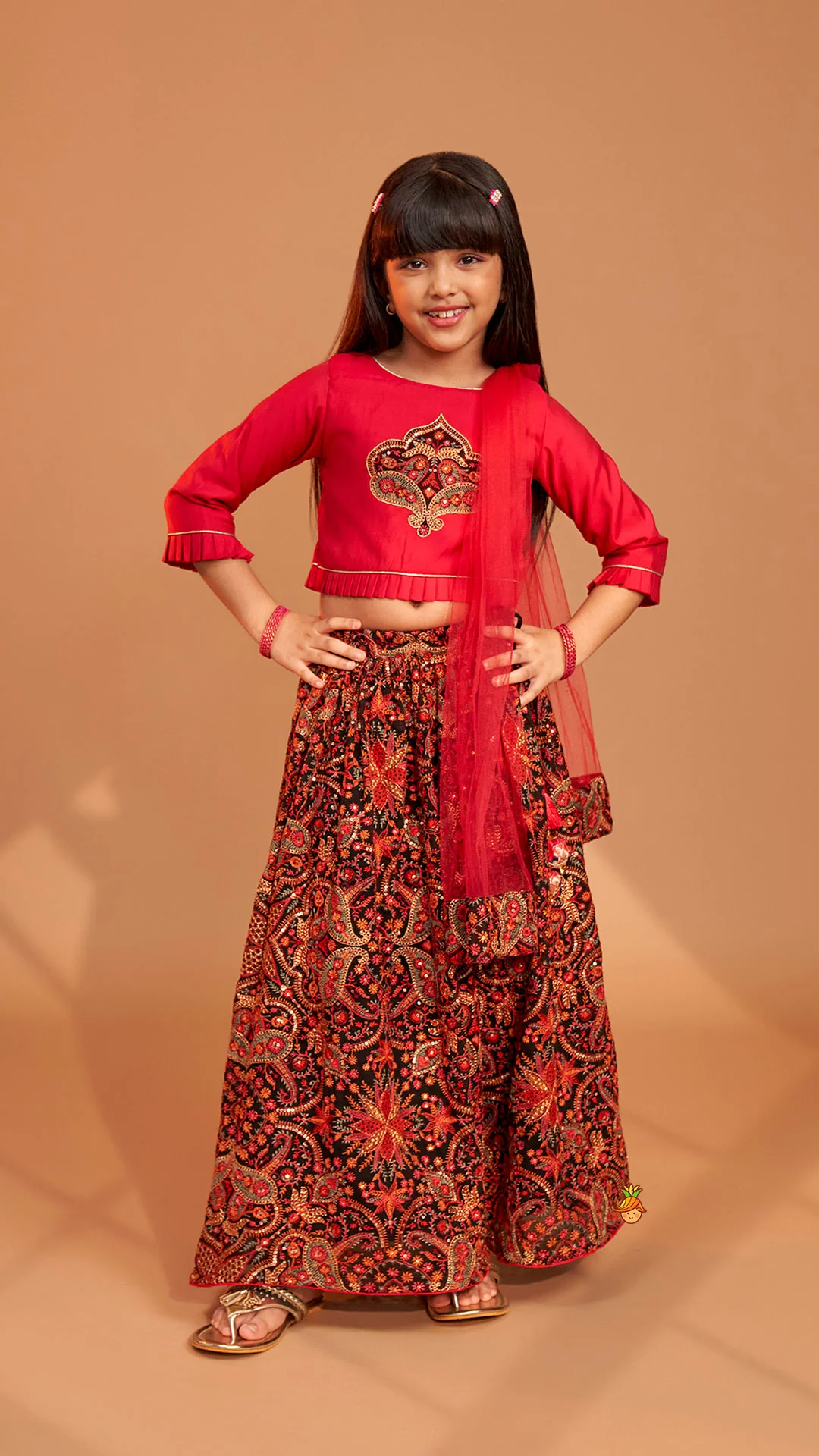 Beautiful Embroidered Pink Top With Floral Embroidered Lehenga And Dupatta - Image 3