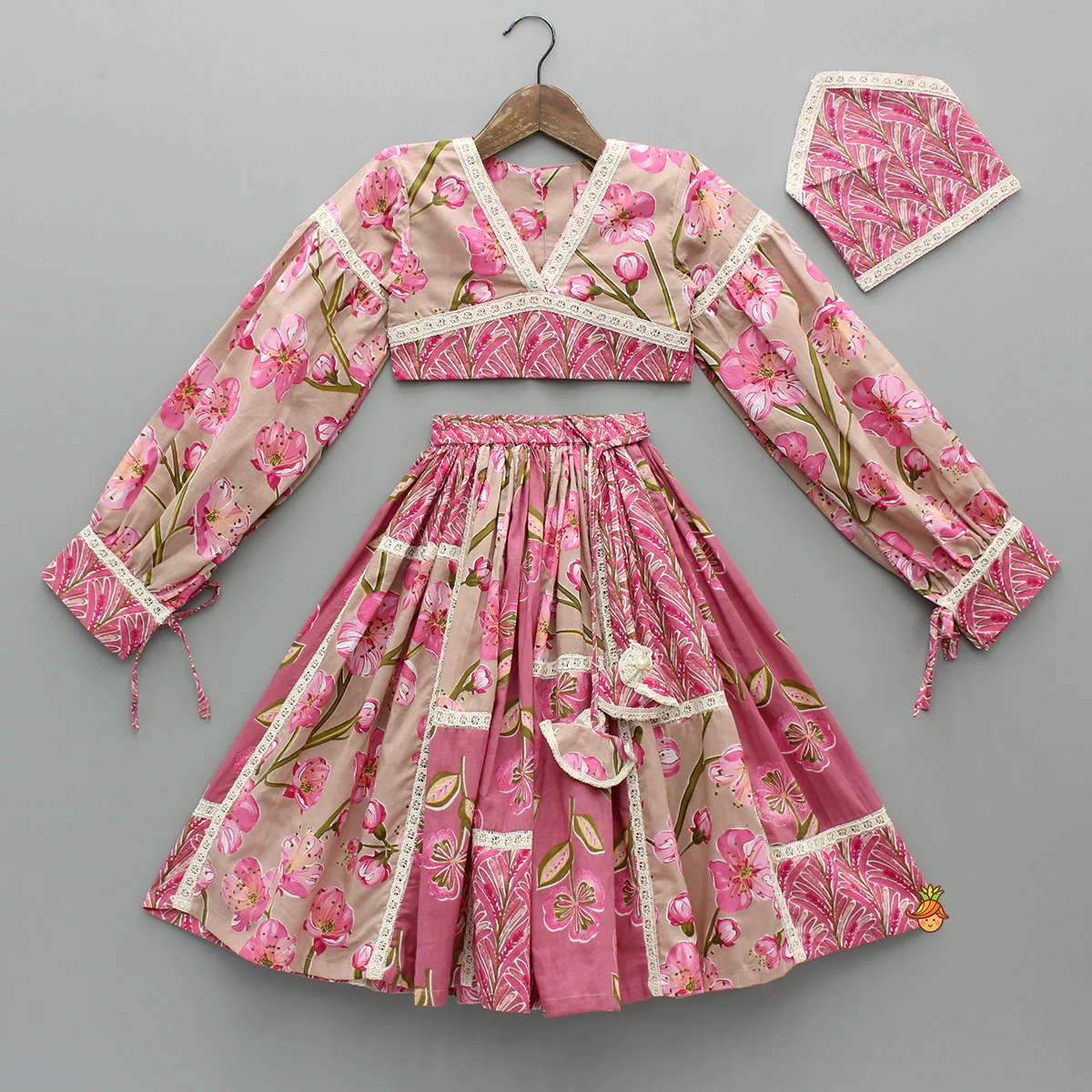 Beautiful Floral Printed Cotton Top With Matching Lehenga And Elasticated Bandana