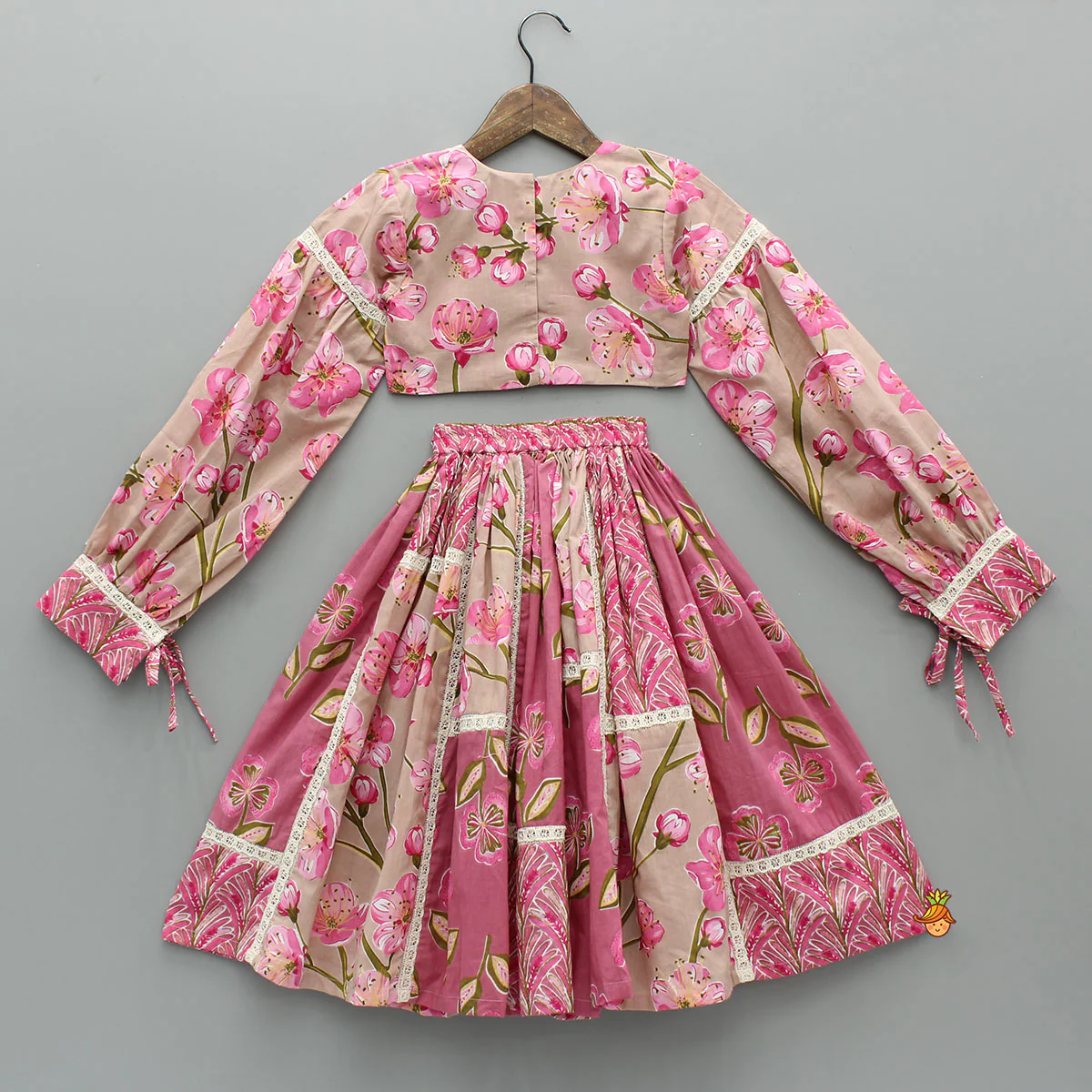 Beautiful Floral Printed Cotton Top With Matching Lehenga And Elasticated Bandana - Image 2