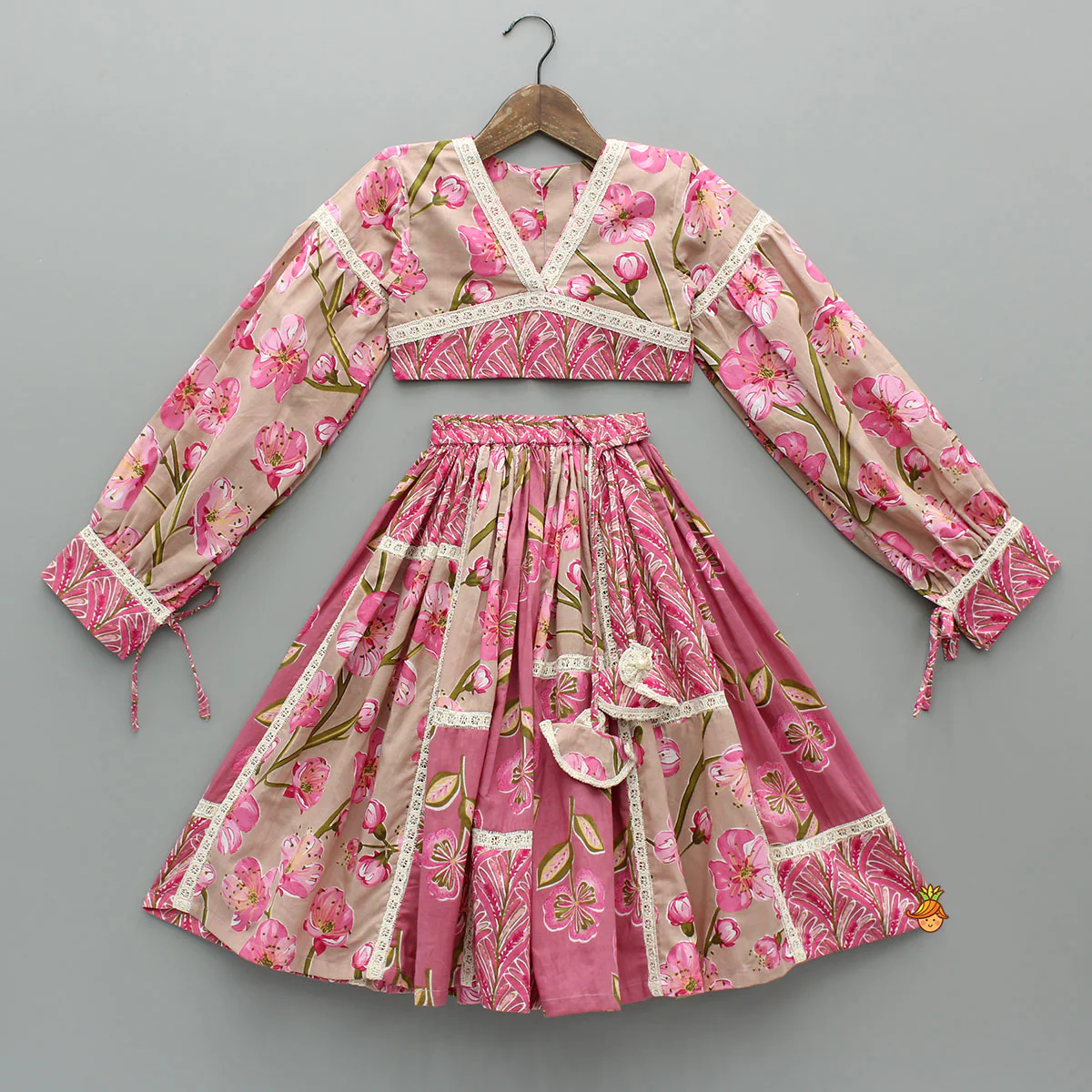 Beautiful Floral Printed Cotton Top With Matching Lehenga And Elasticated Bandana - Image 3