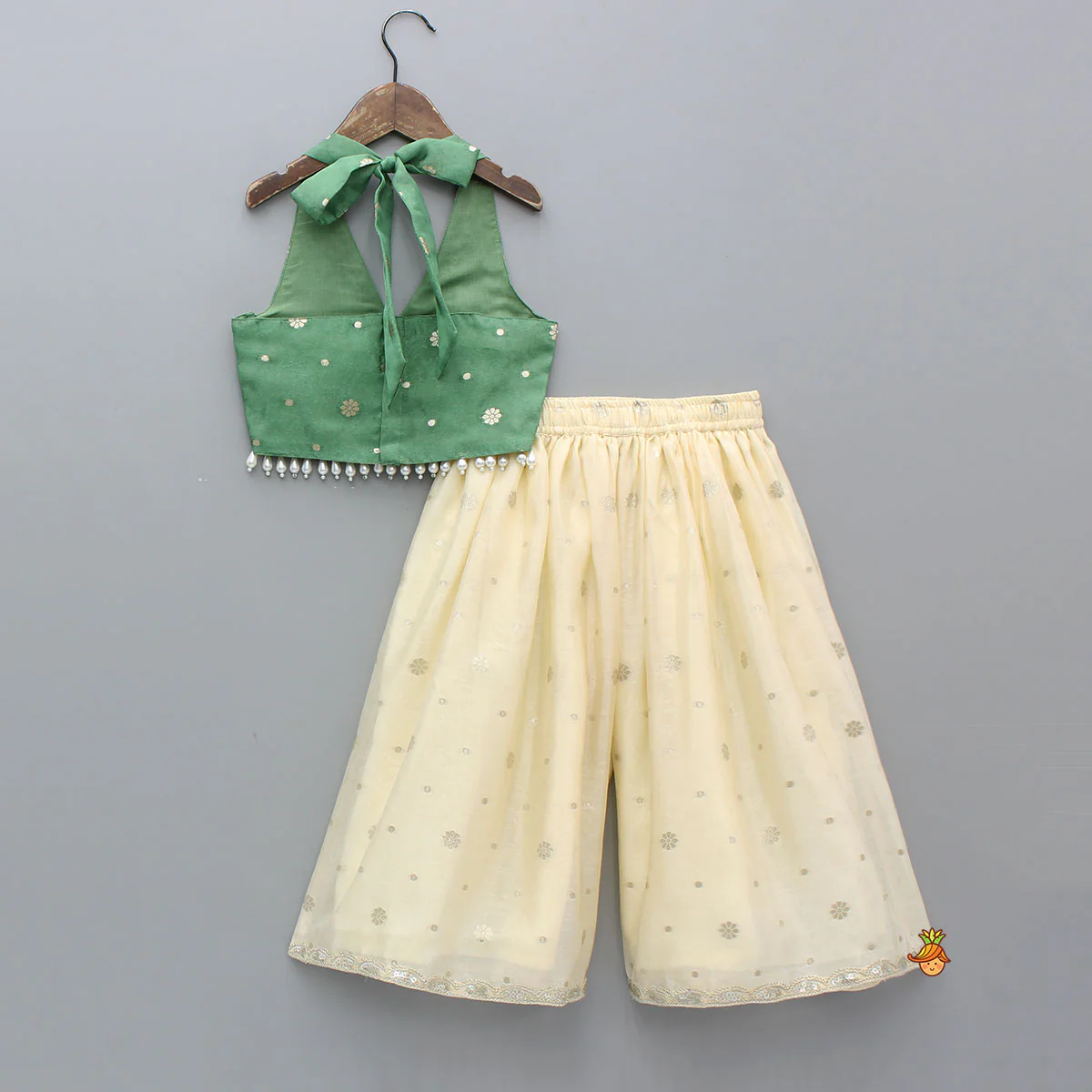Beautiful Green Embroidered Halter Neck Top With Flared Palazzo - Image 2