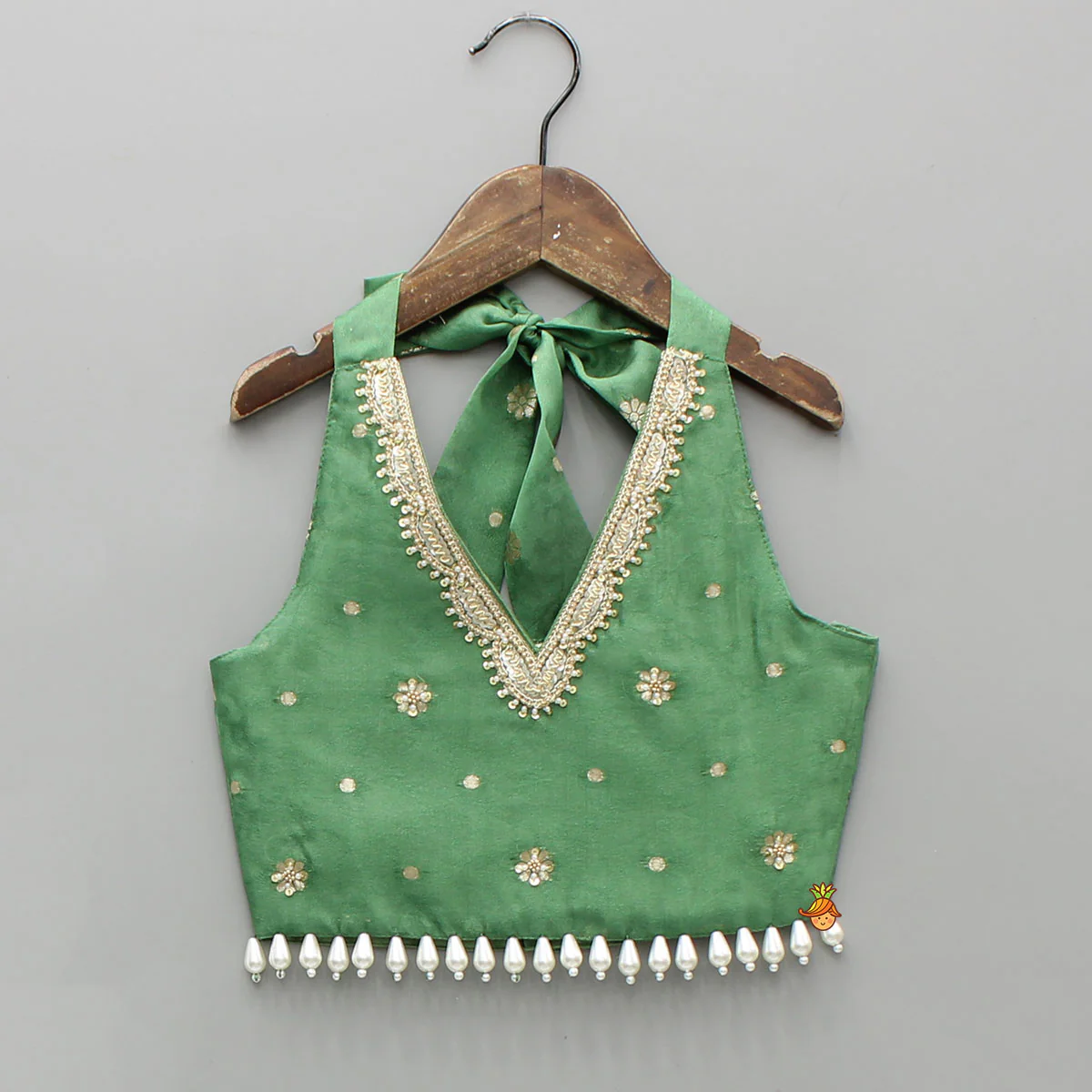 Beautiful Green Embroidered Halter Neck Top With Flared Palazzo - Image 3