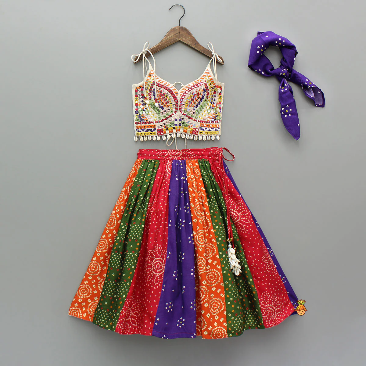 Beautiful Mirror Hand Embroidered Tie-up Top With Multicolour Bandhani Printed Lehenga And Bandana