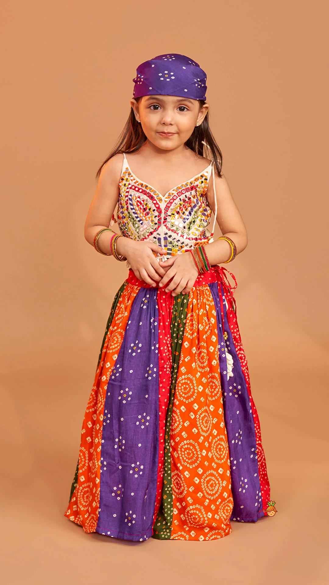 Beautiful Mirror Hand Embroidered Tie-up Top With Multicolour Bandhani Printed Lehenga And Bandana - Image 2