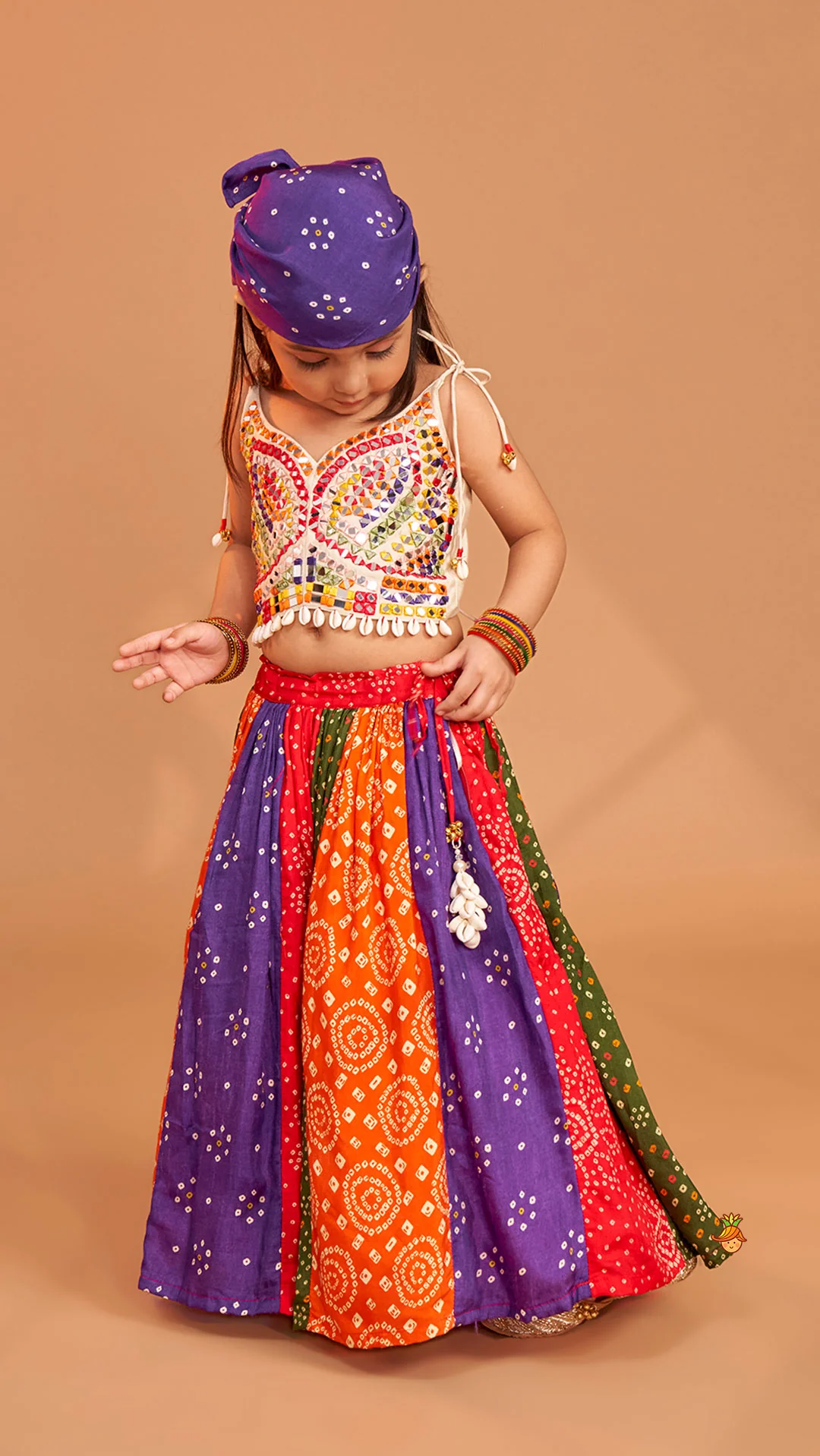 Beautiful Mirror Hand Embroidered Tie-up Top With Multicolour Bandhani Printed Lehenga And Bandana - Image 3
