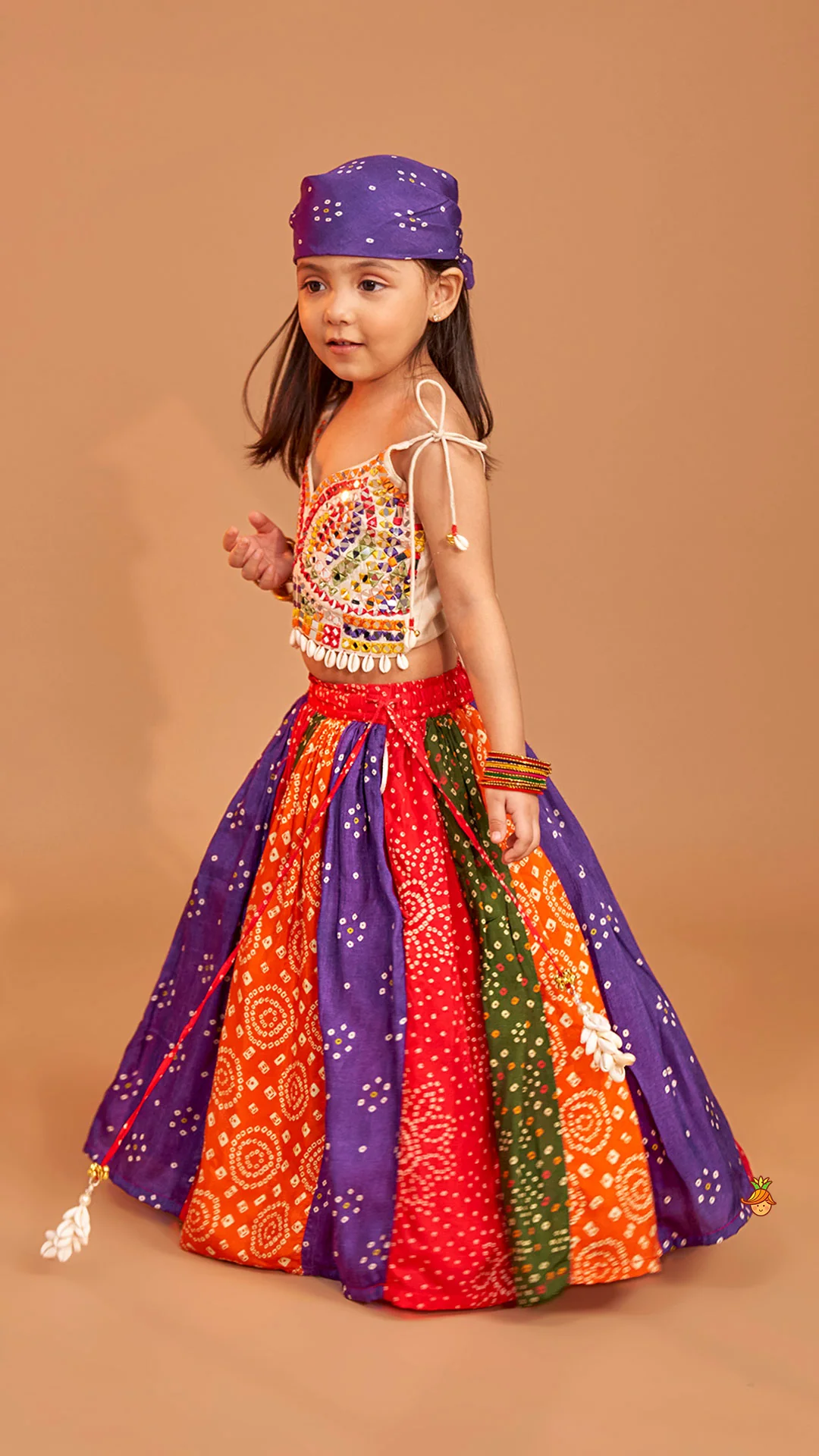 Beautiful Mirror Hand Embroidered Tie-up Top With Multicolour Bandhani Printed Lehenga And Bandana - Image 4