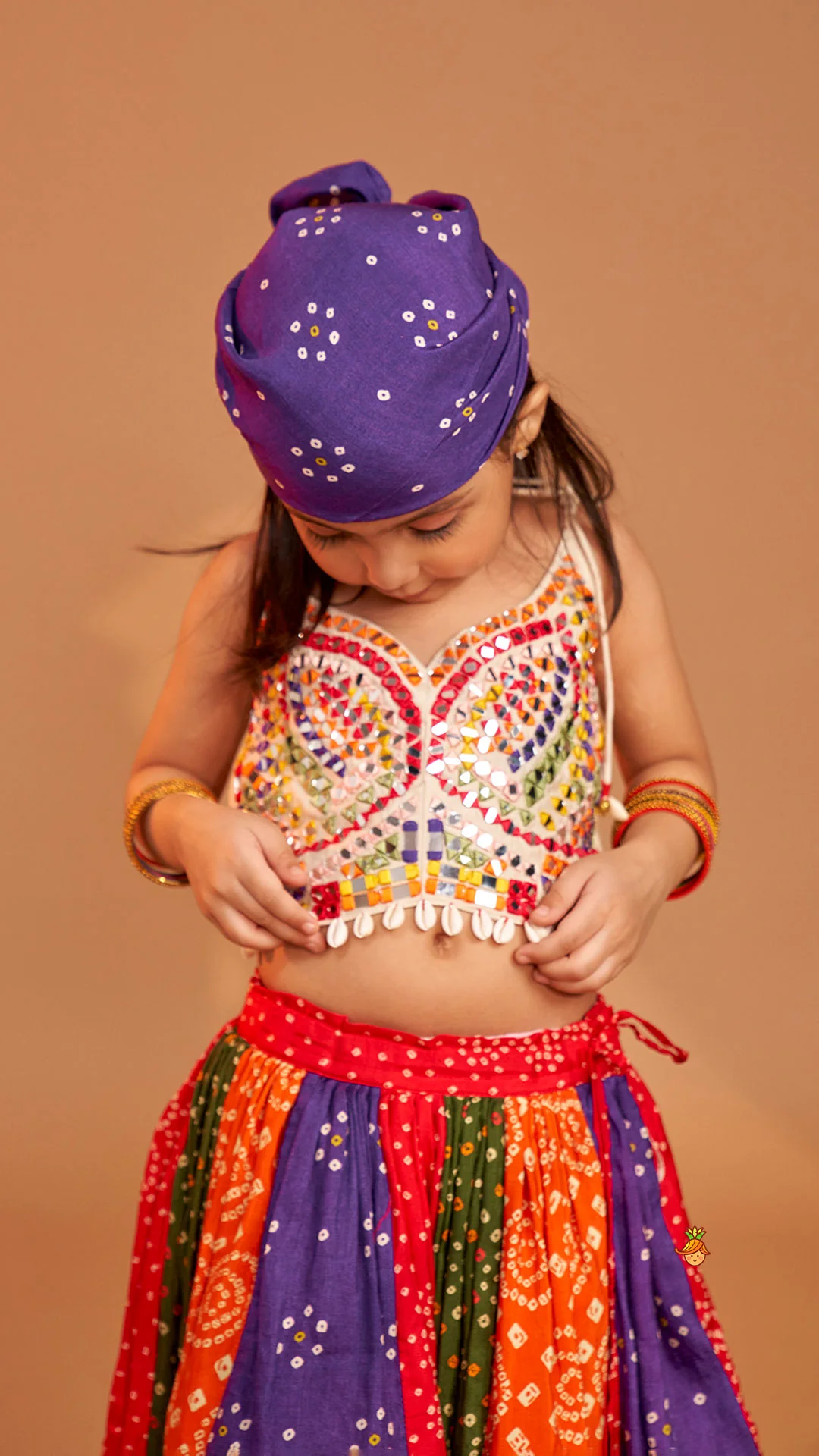 Beautiful Mirror Hand Embroidered Tie-up Top With Multicolour Bandhani Printed Lehenga And Bandana - Image 5