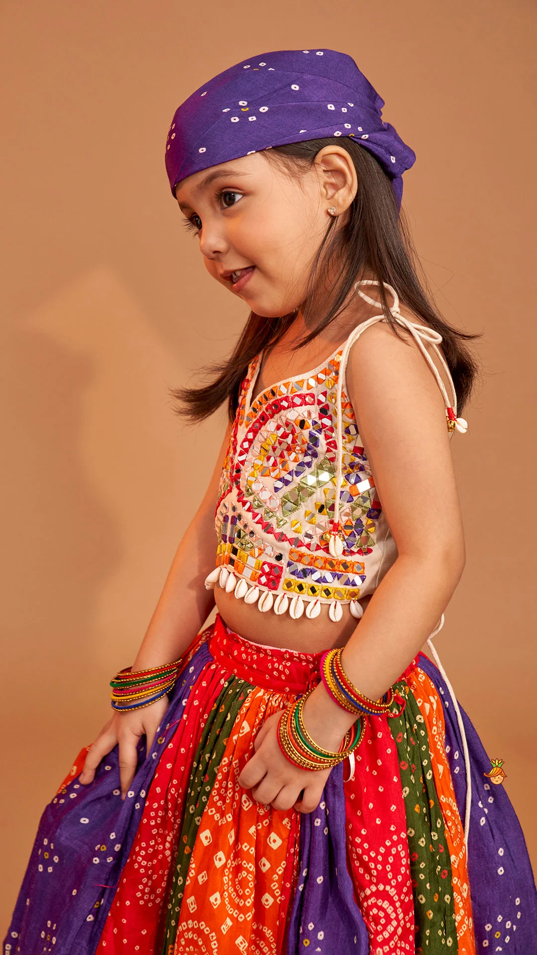 Beautiful Mirror Hand Embroidered Tie-up Top With Multicolour Bandhani Printed Lehenga And Bandana - Image 6