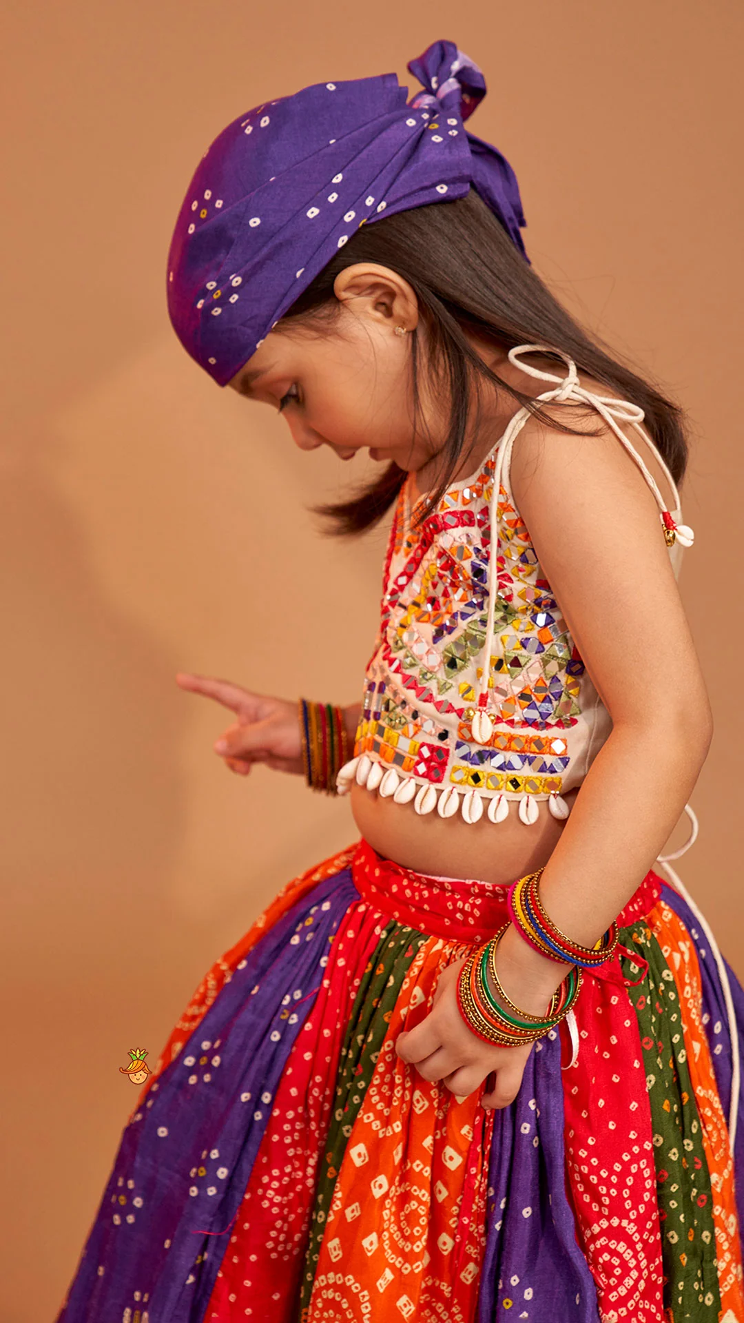 Beautiful Mirror Hand Embroidered Tie-up Top With Multicolour Bandhani Printed Lehenga And Bandana - Image 7